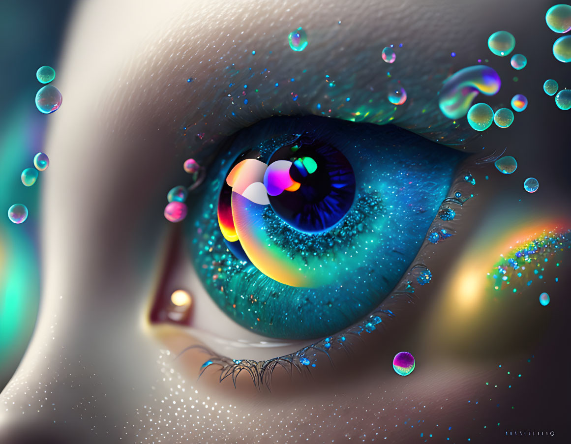 Detailed Close-Up of Human Eye with Vibrant Colors and Floating Bubbles