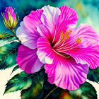 Vibrant pink hibiscus flower with yellow stamens on blue-green background.