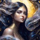 Digital art portrait of woman with cosmic hair and golden accents