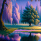 Ethereal landscape with weeping willow trees and serene river at twilight