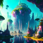 Colorful alien landscape with floating islands and towering pillars reflected in water.