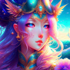 Colorful illustration of mystical female with blue hair and golden headgear, featuring sailing ship backdrop