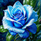 Vivid blue rose with droplets on petals against dark leafy background