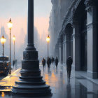 Twilight urban street scene with silhouetted figures, vintage lamps, and classic architecture.