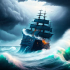 Vintage ship in stormy seas with lightning and tornado.