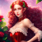 Fantasy female character with red curly hair in red dress against pink starry background