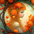 Vibrant orange hair woman with citrus elements and swirling oranges on green backdrop