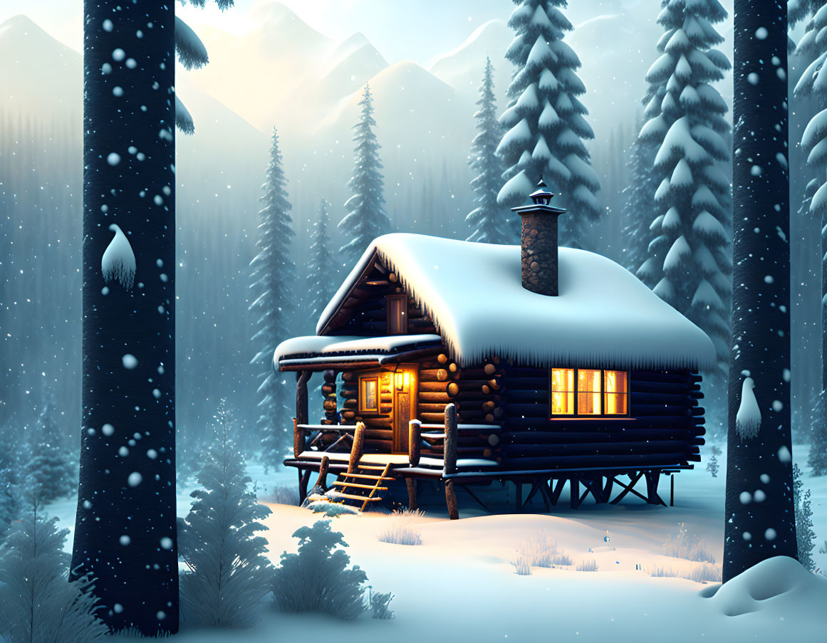 Snow-covered forest scene: Cozy log cabin in twilight snowfall