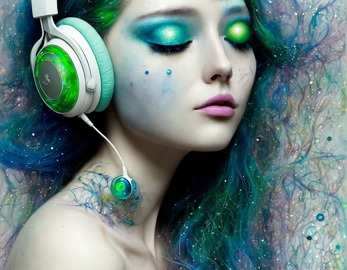 Vibrant teal hair woman with matching makeup and green headphones in colorful background