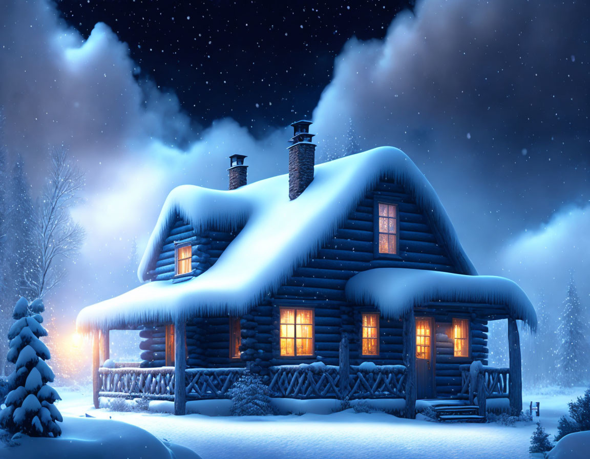 Snow-covered log cabin at night with glowing windows under serene sky