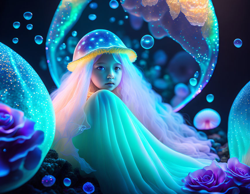 Ethereal girl with long hair in surreal cosmic scene