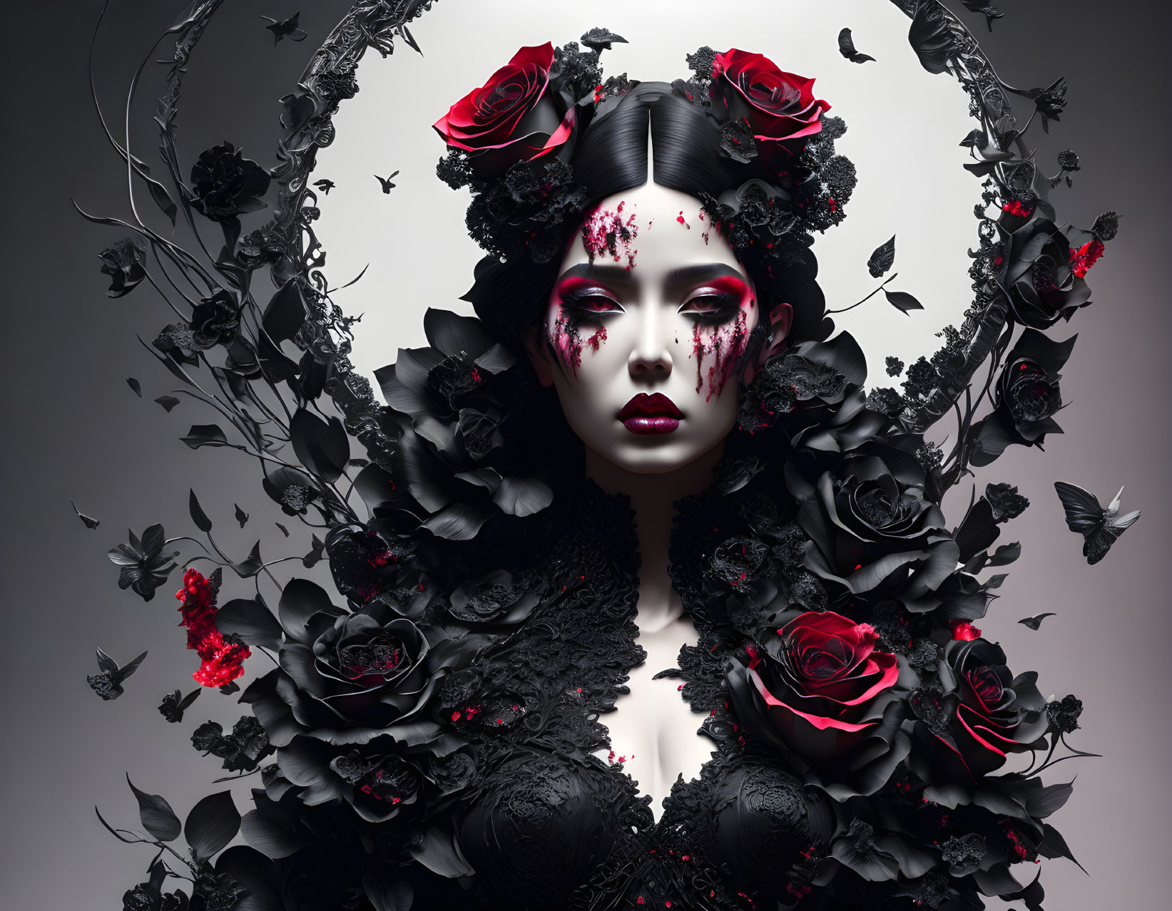 Gothic-themed portrait of a woman with dark makeup and black rose headdress.