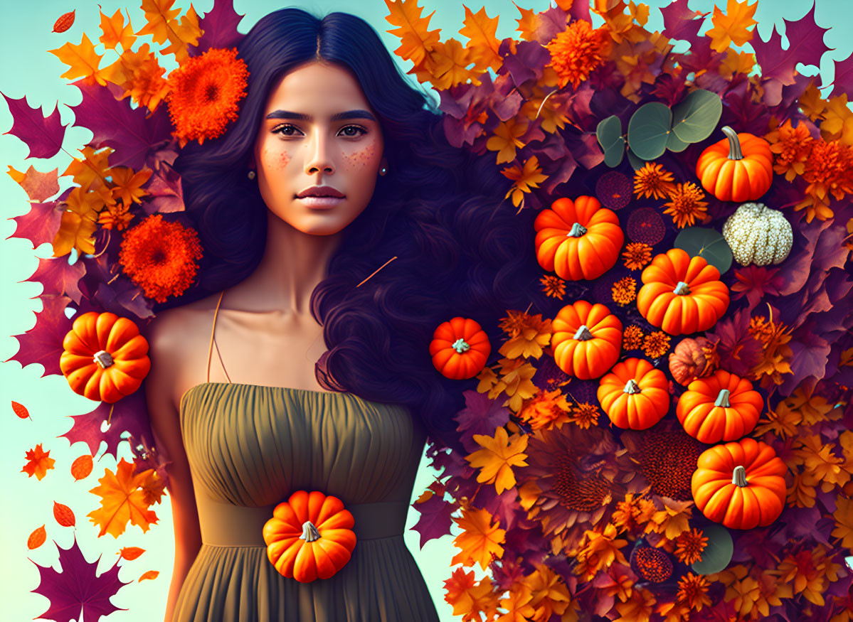 Dark-haired woman in autumn setting with pumpkins and leaves on blue backdrop