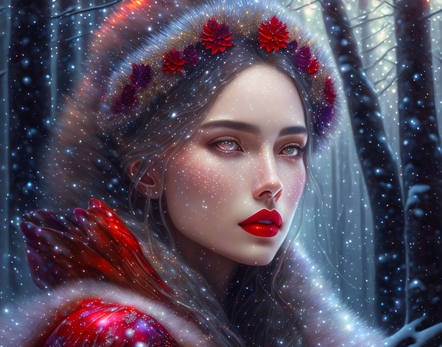 Digital painting of woman with red lips in snowy forest setting