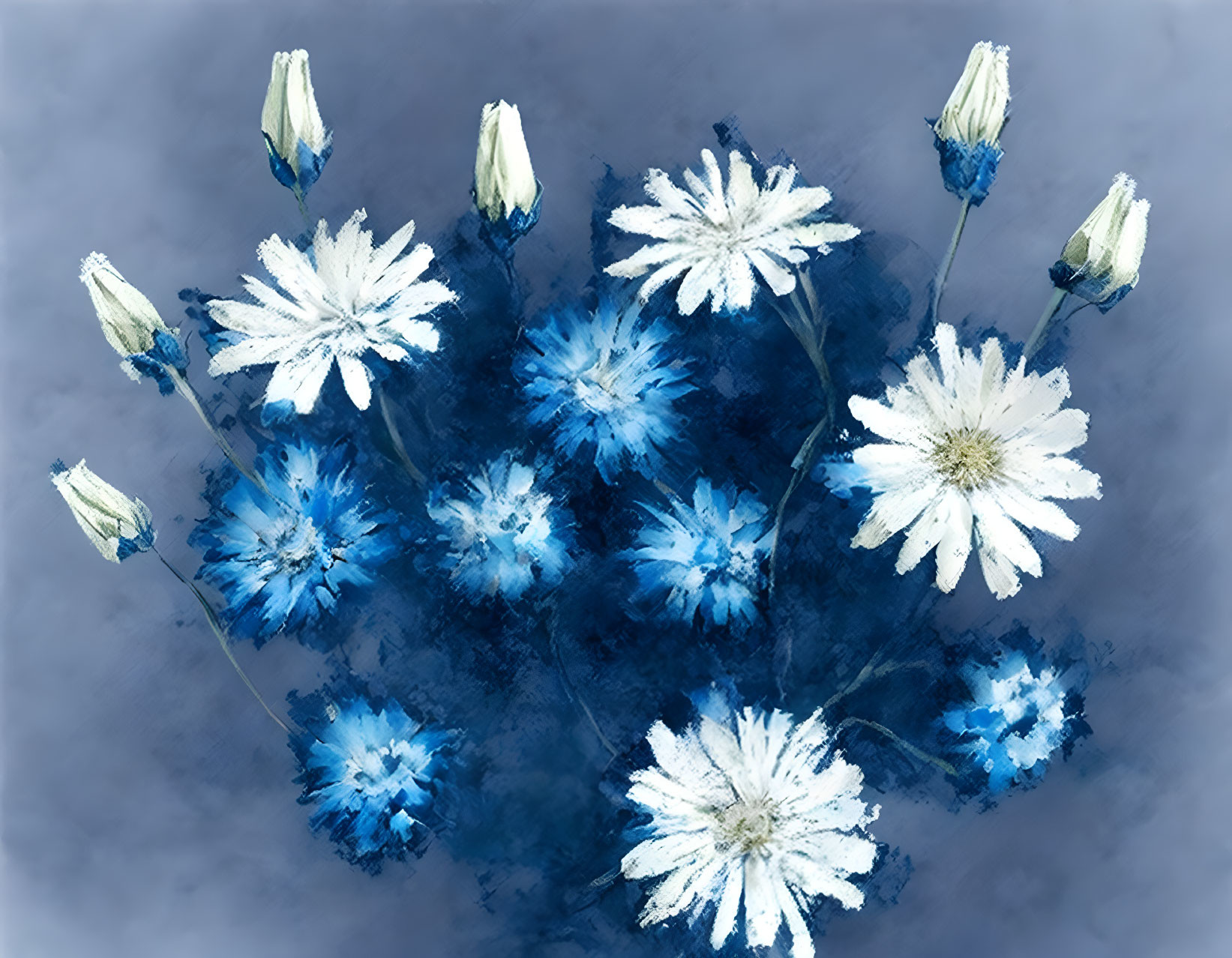 White and Blue Flowers Digital Painting on Textured Gray Background