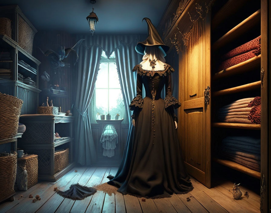 Woman in witch costume in dimly lit room with books and fabrics