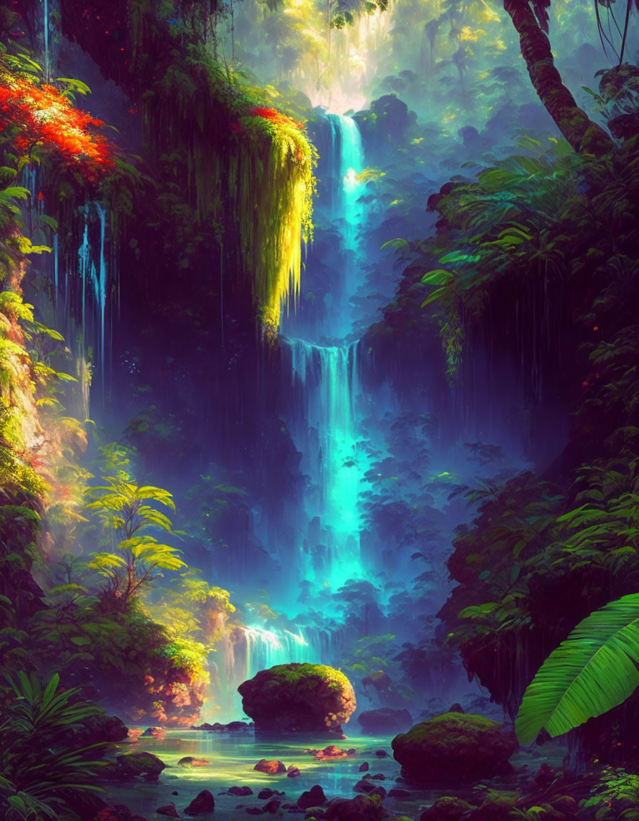 Ethereal waterfall cascading into serene pool amid lush tropical foliage