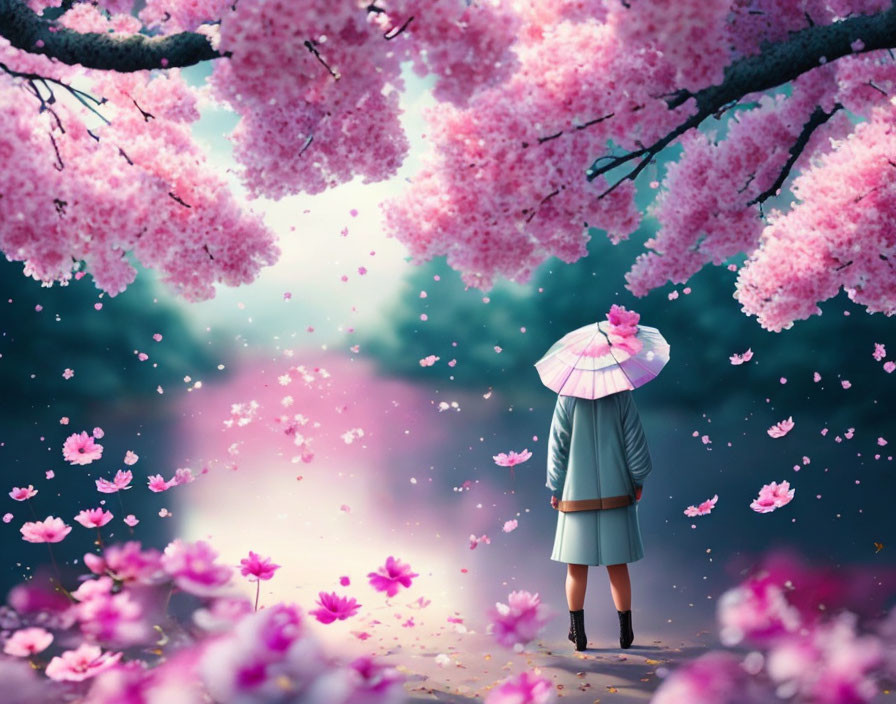 Person under vibrant pink cherry blossoms with parasol, petals falling