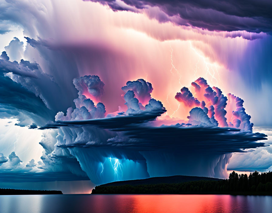 Vivid lightning bolts in dramatic supercell thunderstorm