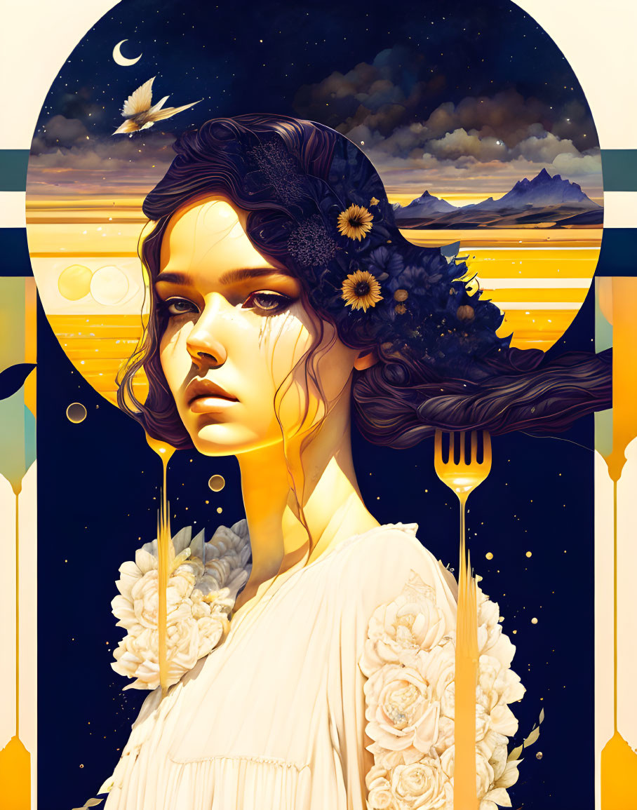 Dark-haired woman with floral adornments in surreal celestial landscape.