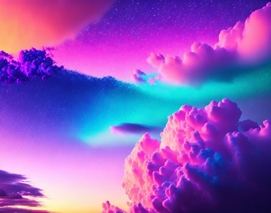 Vibrant Purple and Pink Sky with Stars and Cumulus Clouds