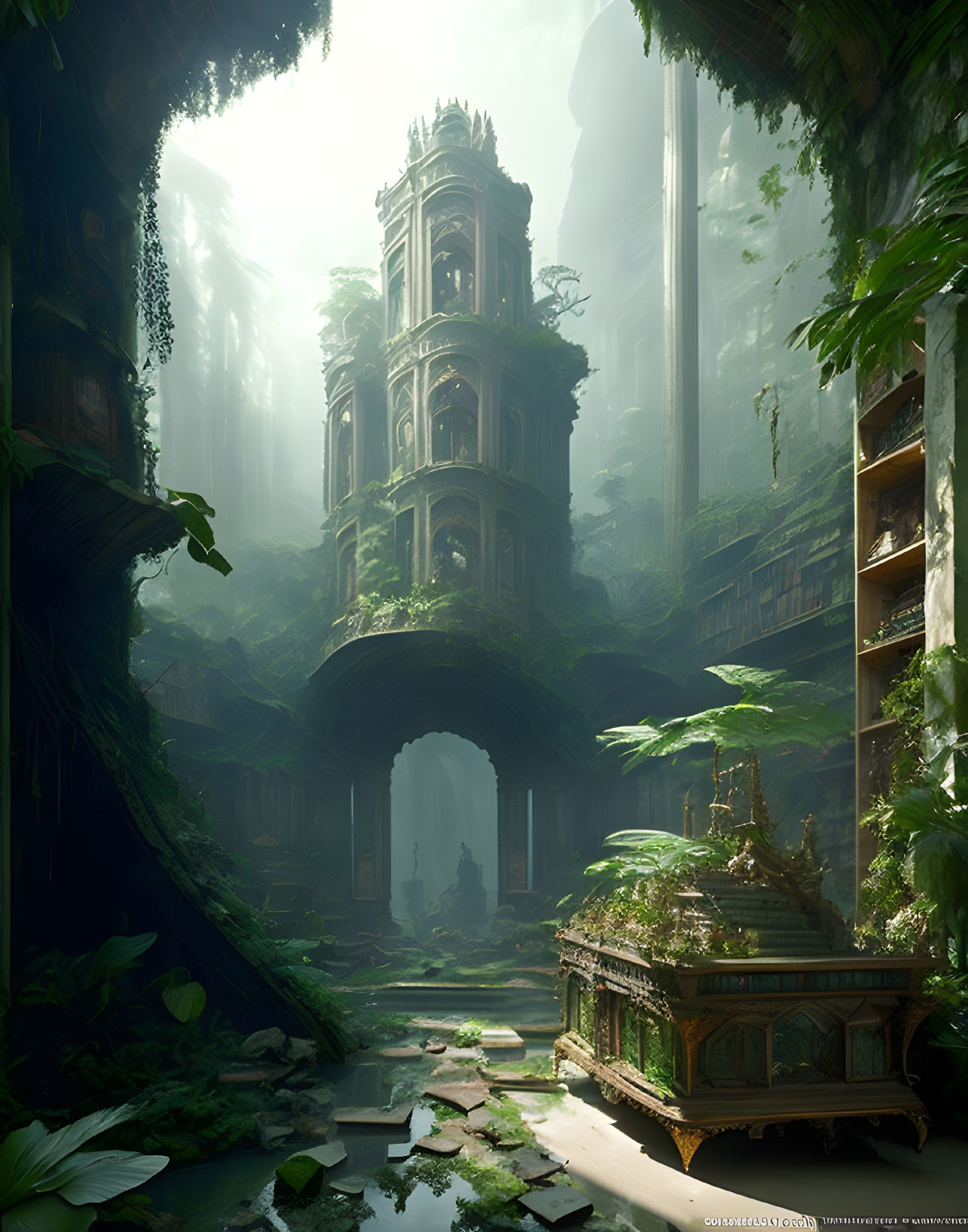 Overgrown ancient temple in lush forest with ruins and statue