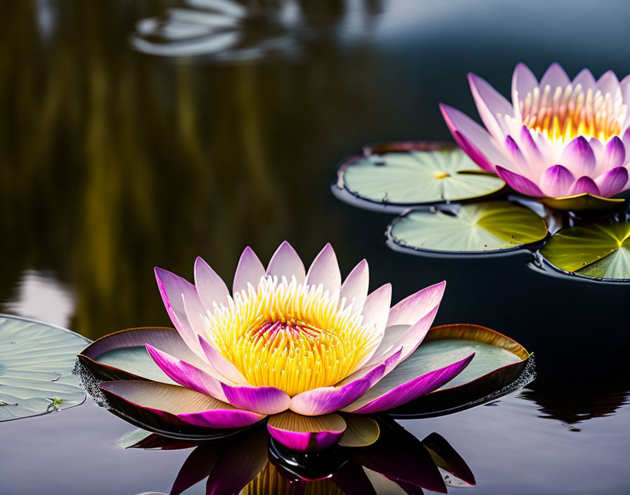 Pink and White Water Lilies Reflecting on Dark Water Surface