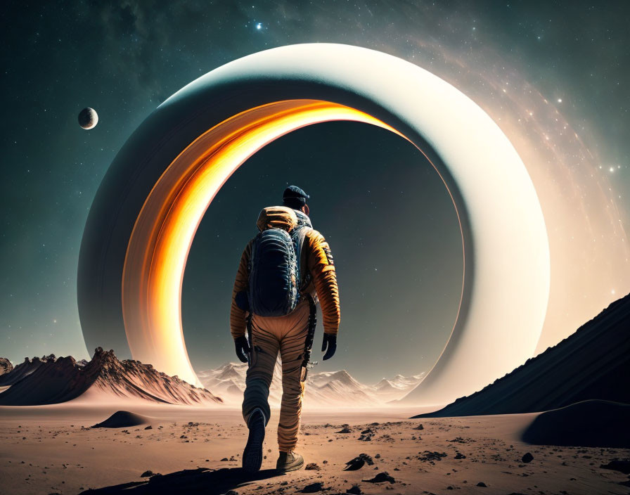 Astronaut on alien landscape gazes at ringed planet and moon