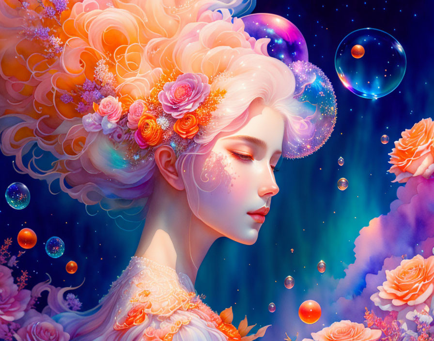 Fantastical woman with floral hair in cosmic setting