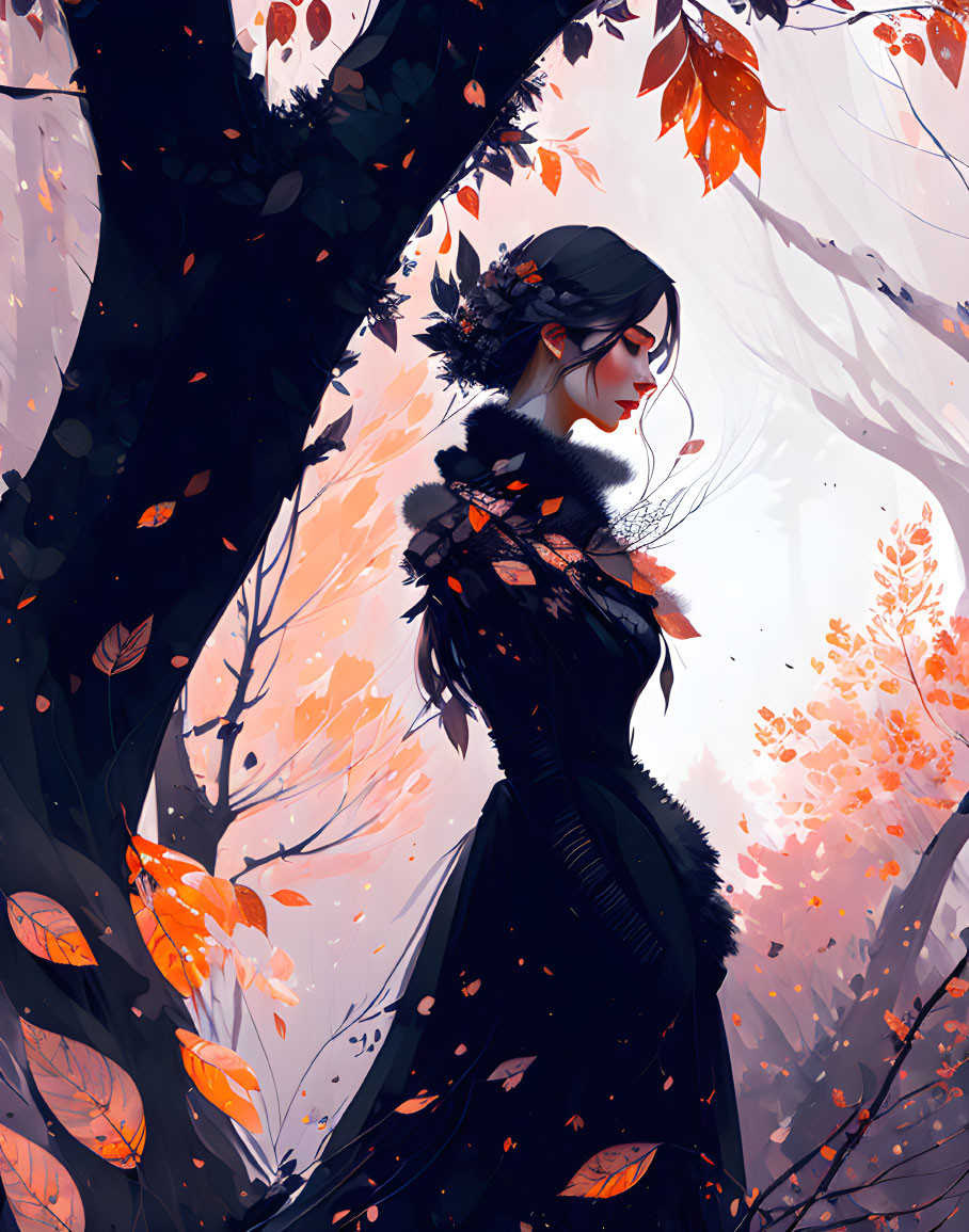 Stylized illustration of elegant woman in black dress in autumn forest