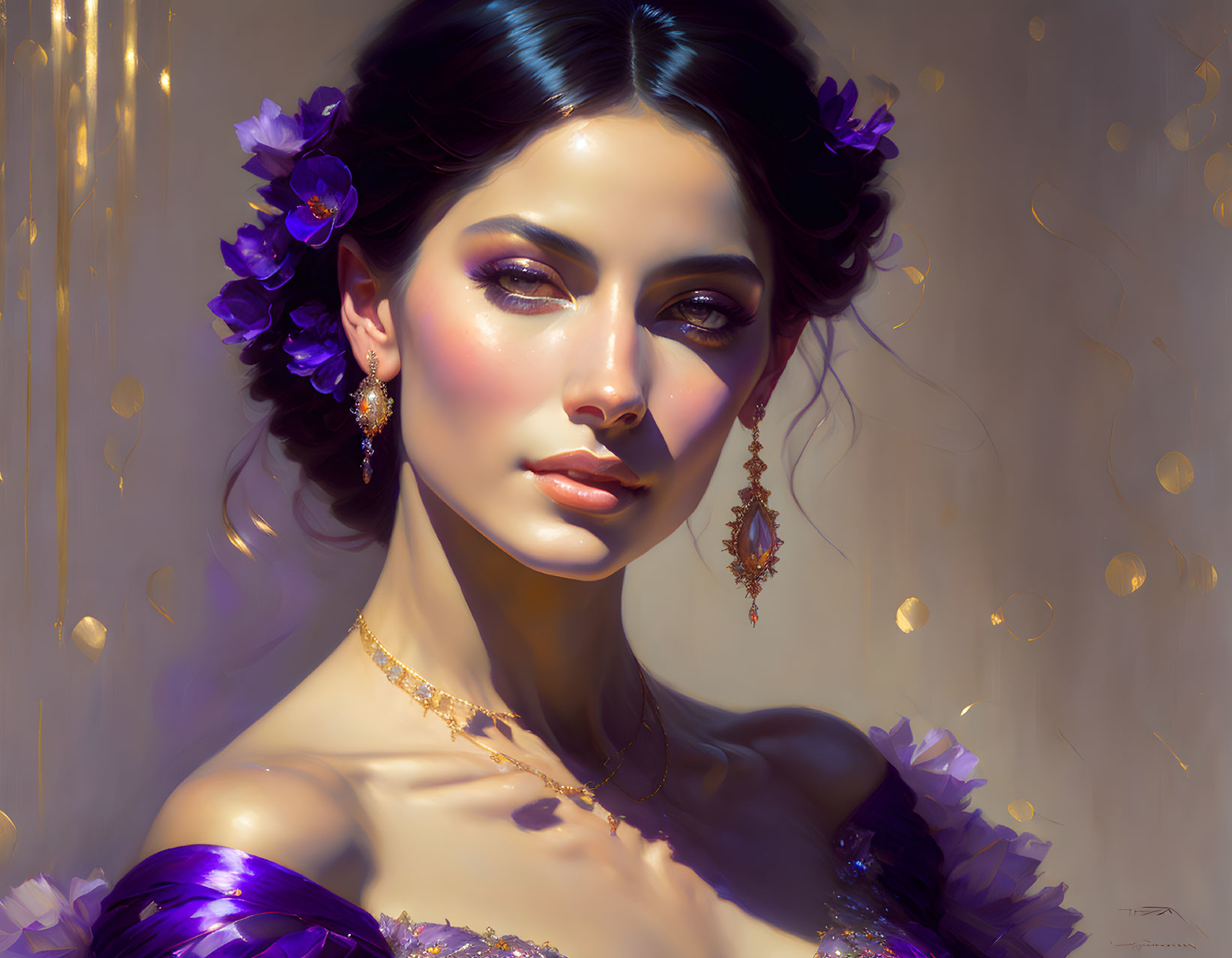 Portrait of Woman with Dark Hair, Purple Flowers, Gold Jewelry, and Purple Dress