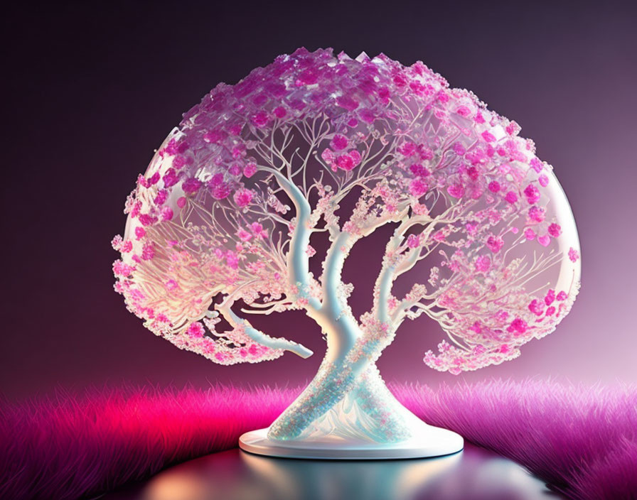 Colorful digital artwork: stylized tree with pink blossoms on platform against purple background