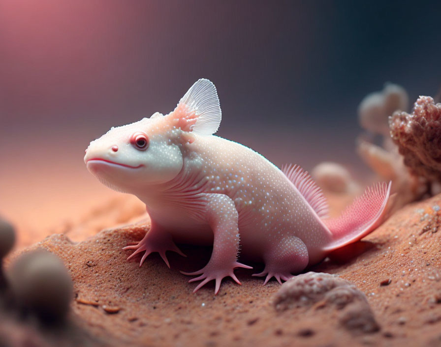 Soft-White Axolotl with Pink Hue and Red Dorsal Fins on Sandy Ground