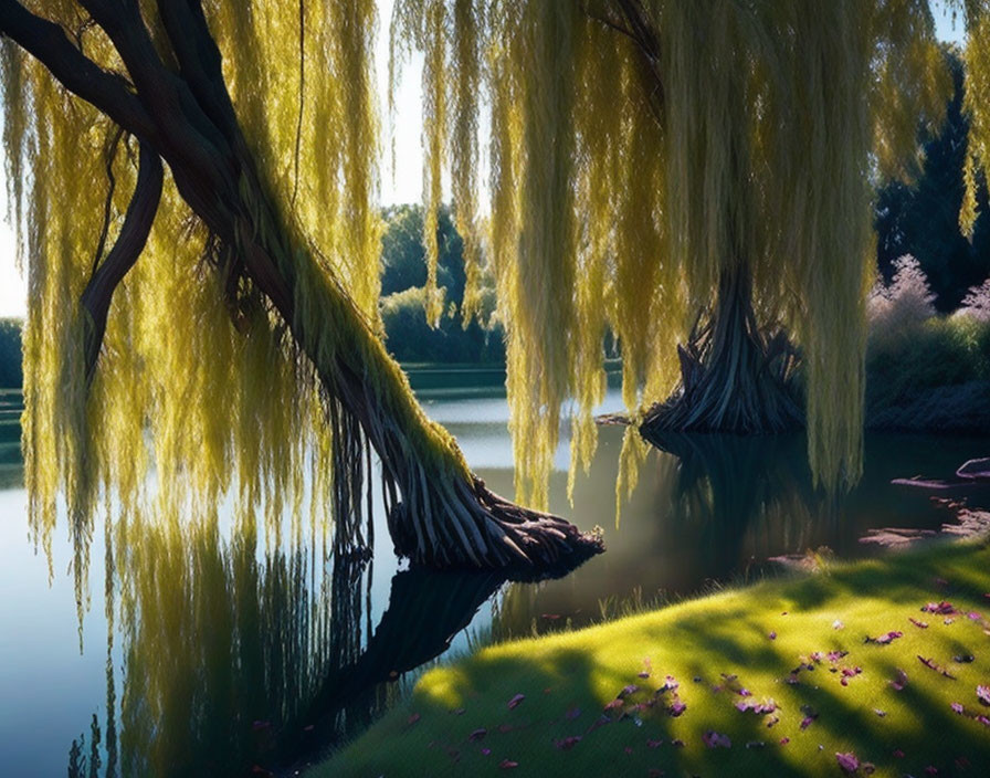 Tranquil lakeside view with weeping willow tree and dappled sunlight