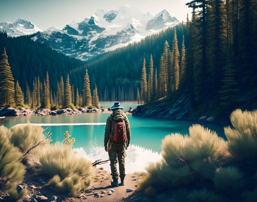 Backpacker admiring tranquil lake and snowy mountains