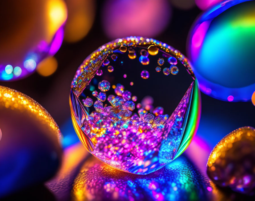 Reflective surface captures vibrant bokeh lights in close-up water droplet.