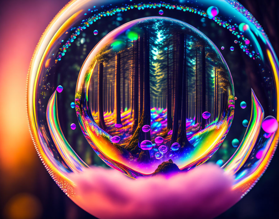 Colorful soap bubble reflects forest on hand against warm bokeh background