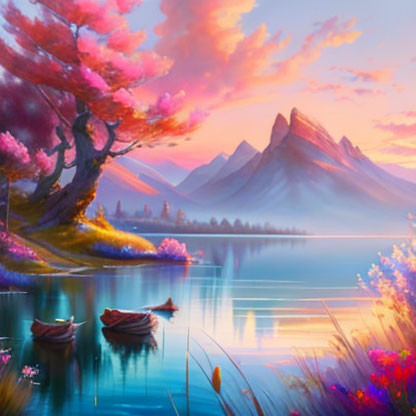 Scenic sunset landscape with pink trees, lake, boats, flowers & mountains