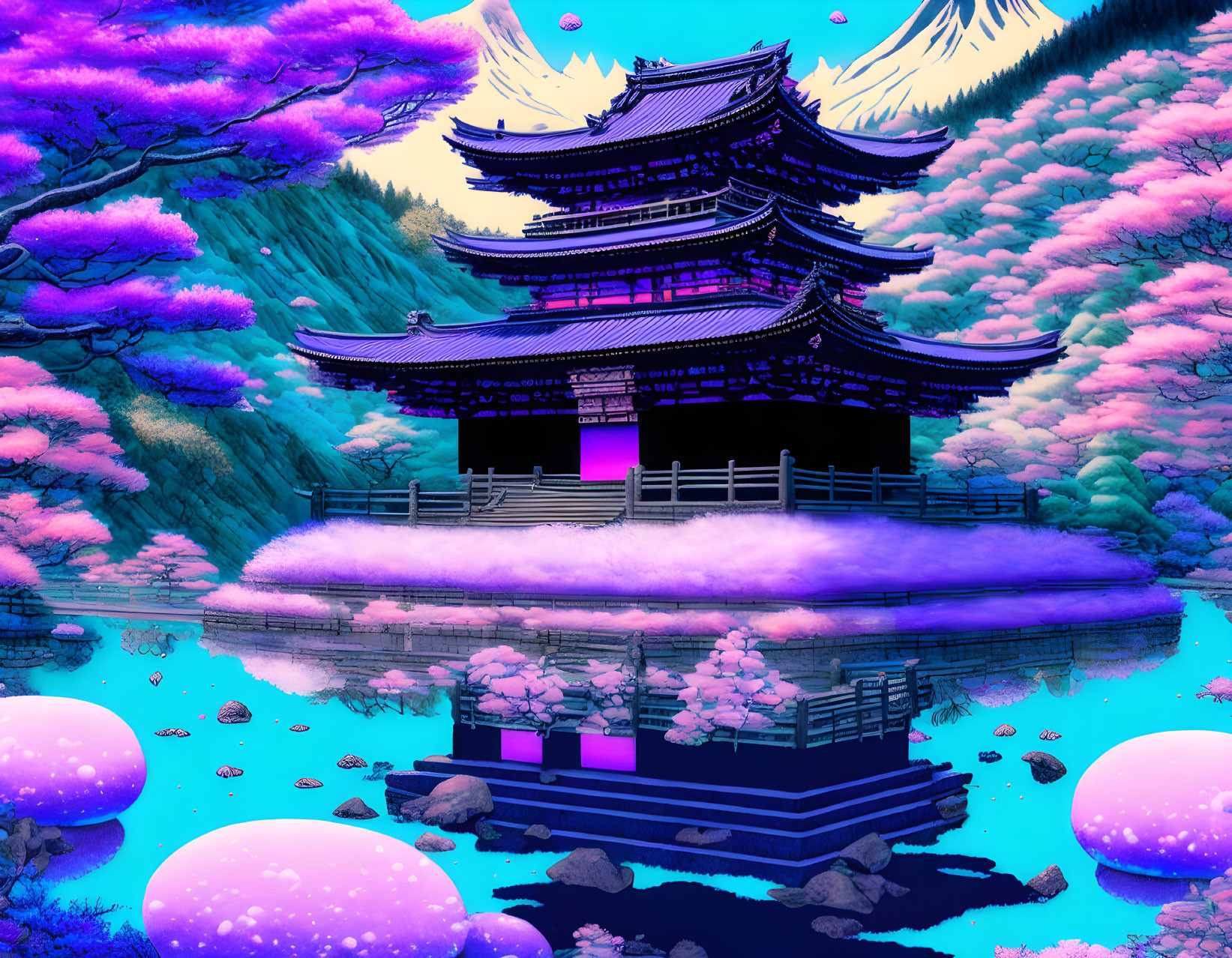 Colorful digital artwork: Pagoda by lake with pink and purple hues, luminescent trees,