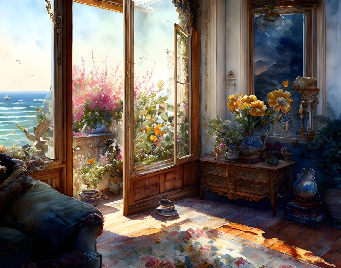 Sunlit room with seaside view and vibrant flowers under painterly sky