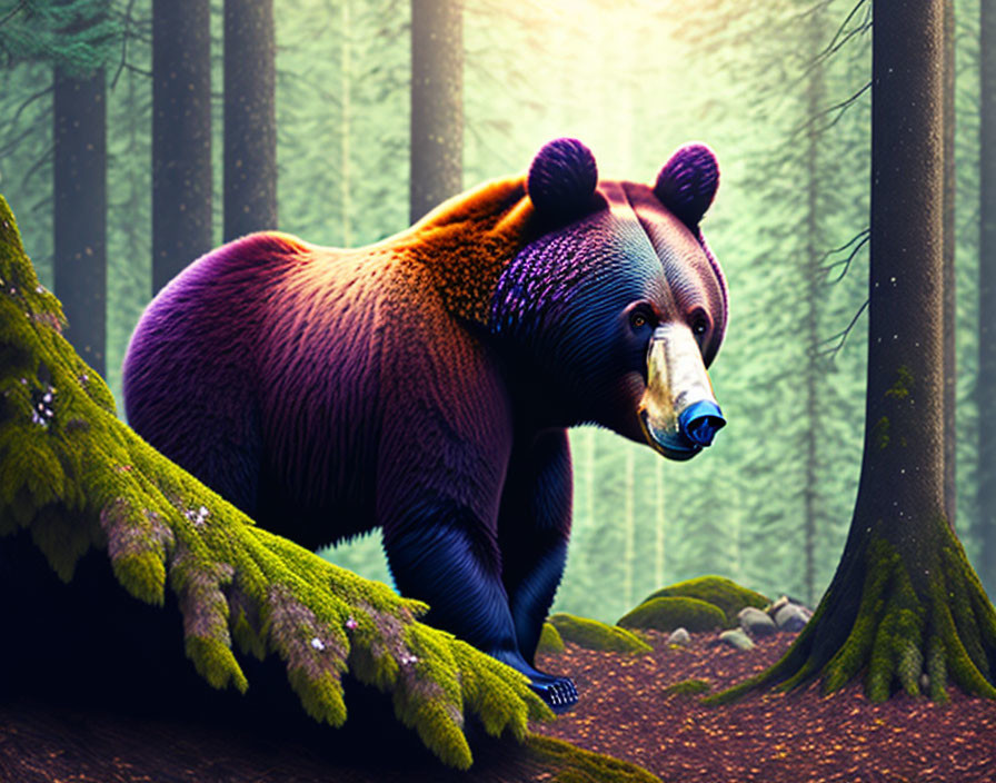 Vibrantly colored bear in purple and orange in mystical forest with sunbeams.