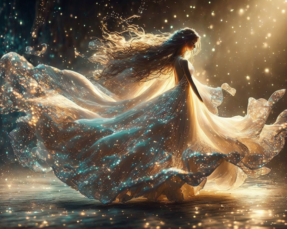 Woman in flowing dress with starry pattern in mystical, glowing setting