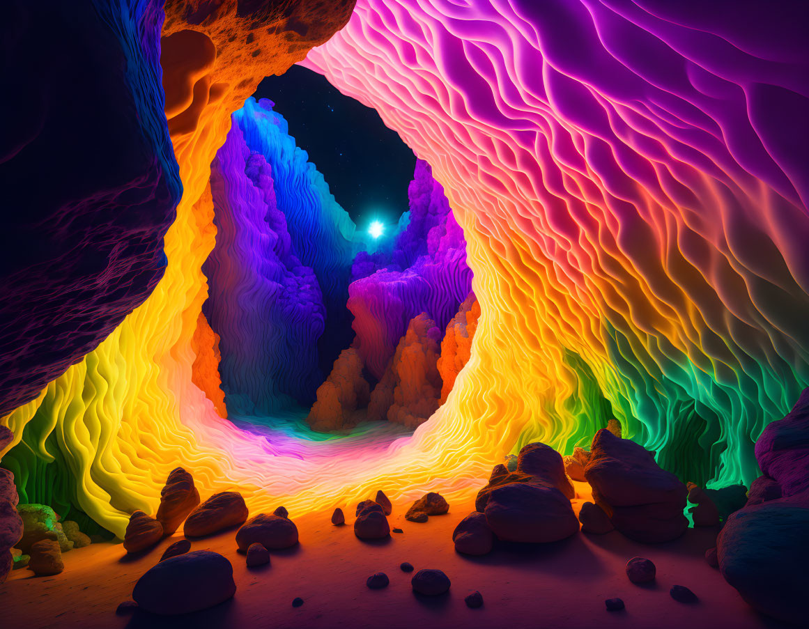 Colorful Cave Artwork Featuring Swirling Patterns and Starry Sky