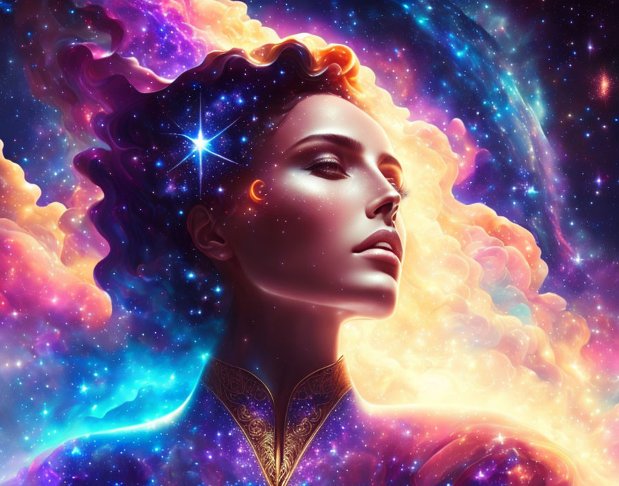 Woman's face profile merged with vibrant cosmic background stars and nebulae