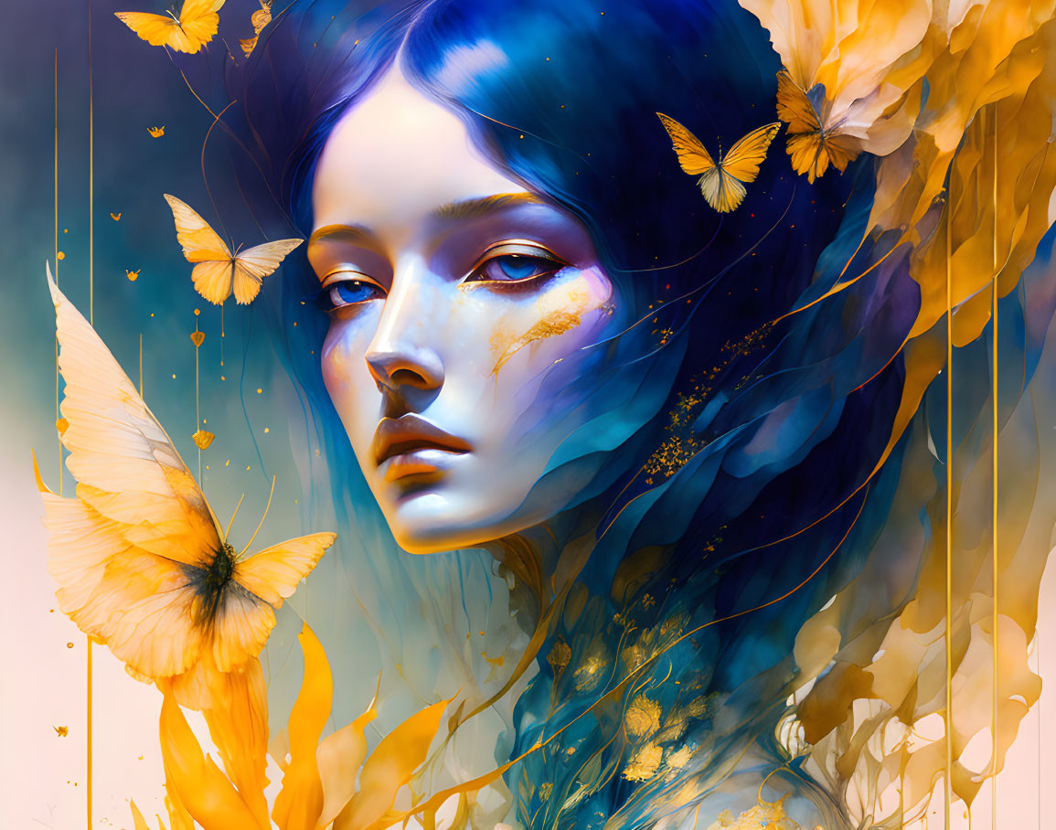 Blue-haired woman with butterflies and flowers in dreamy digital art