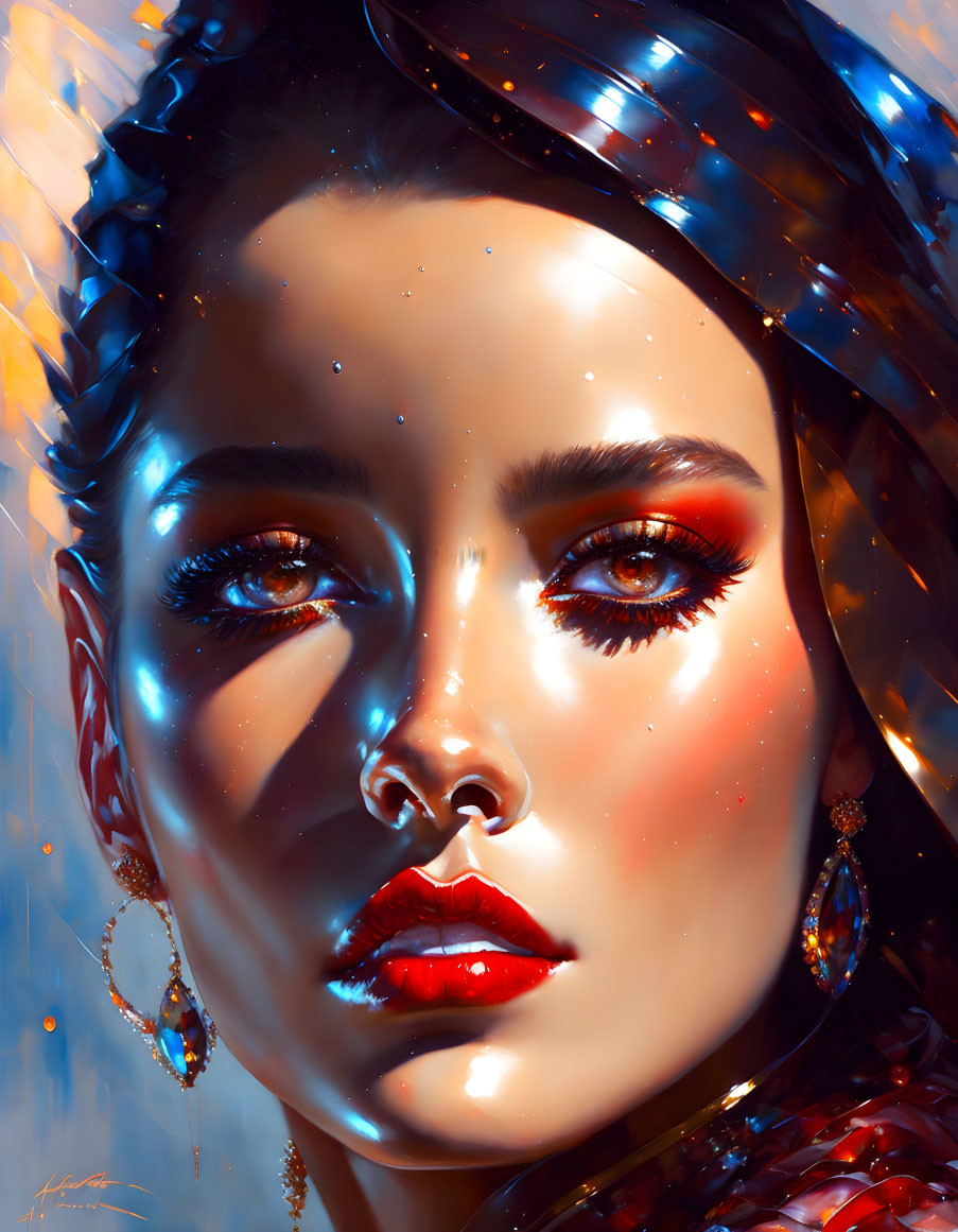 Portrait of woman with luminous eyes, red lipstick, and fiery gaze against sunlit backdrop