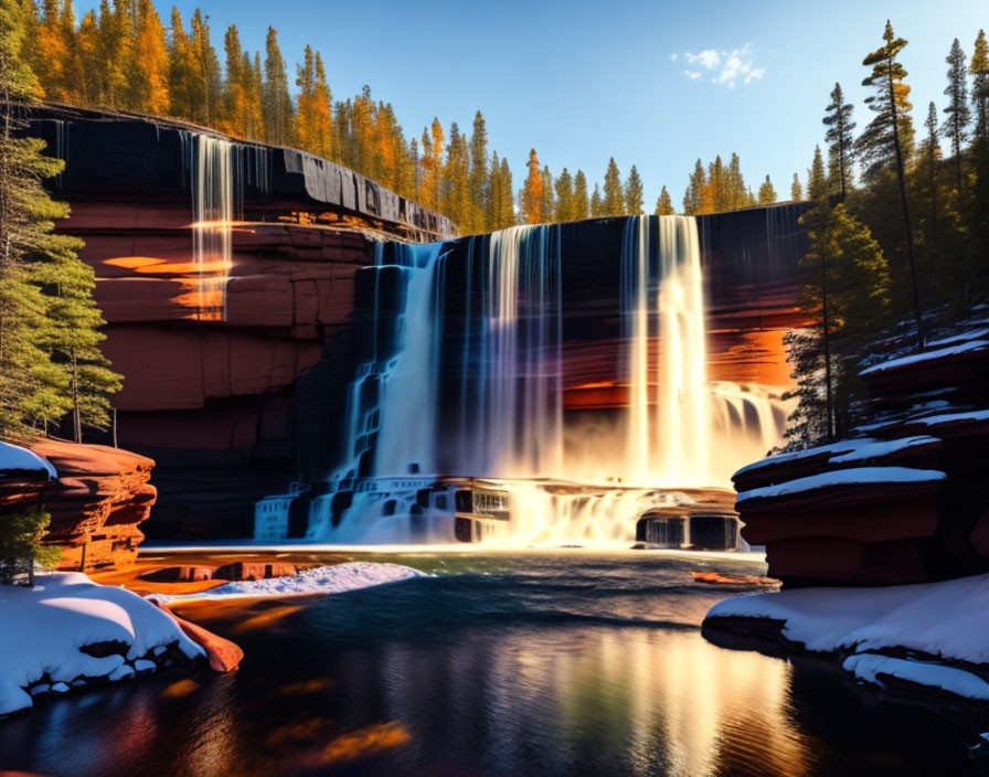 Waterfall cascading over terracotta cliffs in pine tree landscape.