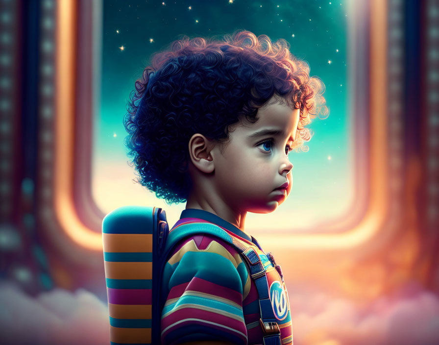 Child with Curly Hair Gazing at Starry Sky in Surreal Setting