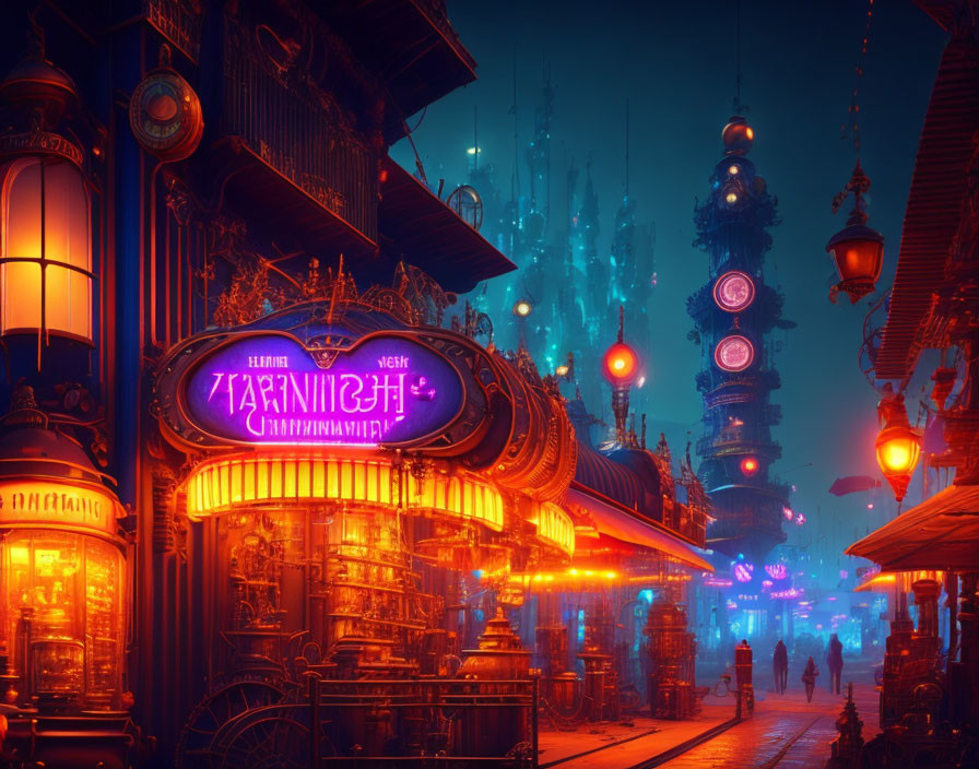 Neon-lit cyberpunk cityscape with glowing signs