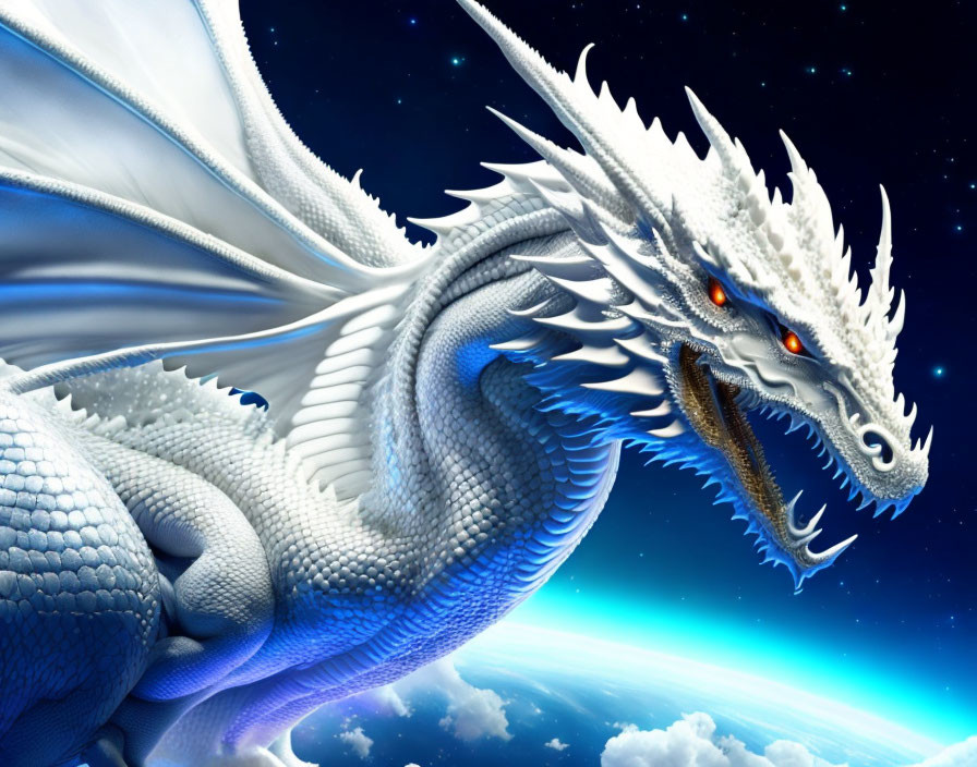 White dragon with red eyes flying in starry sky above clouds